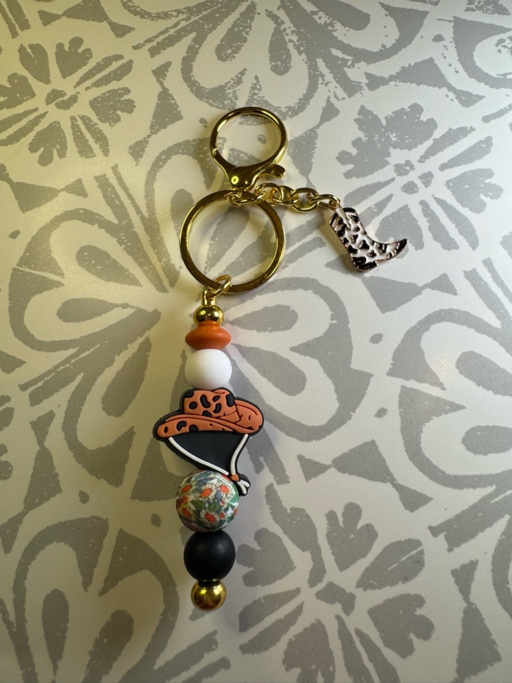 Gold Keyring Charm with Orange Leopard Hat and Beaded Dangles